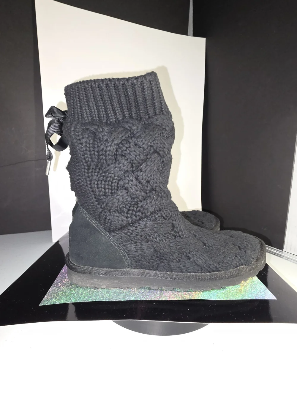 UGG Australia Isla Black Cable Knit Mid-Calf Winter Boots Size 6